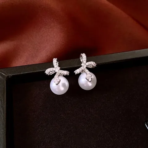 Orecchini Pendenti A Fiocco Con Zirconi Perla Artificial Sintetica E Perno In Argento Stile Elegante Chic Gioielli