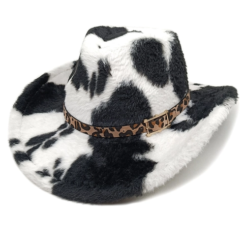 Cappello Da Cowboy Occidentale Peluche Pelliccia Sintetica Stampa Mucca Caldo Inverno Moda Donne Cintura Leopardo Fibbia Oro