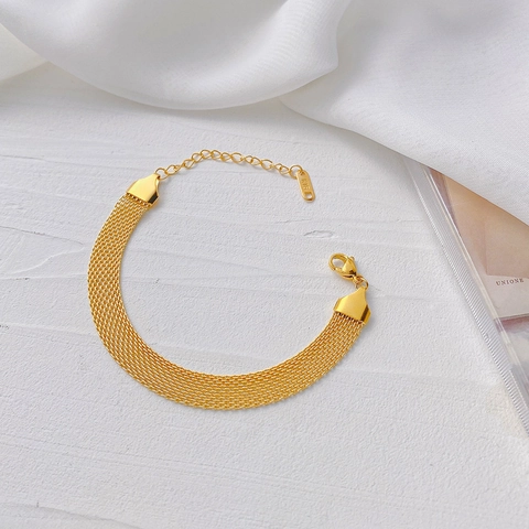 Mesh Chain Necklace And Bracelet 18K Gold Plated Stainless Steel Flat Braided Minimalist Vintage Jewelry For Women