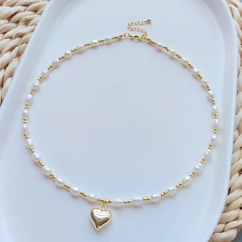 Collier De Perles D'eau Douce Avec Pendentif Coeur En Cuivre Plaqué Or 18K Choker Perlé Pour Femmes Bijoux Élégants