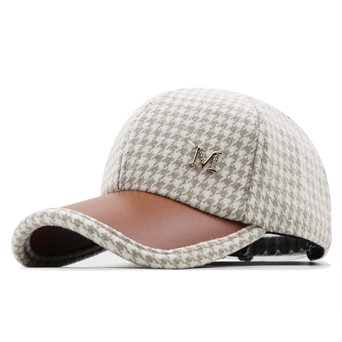 Houndstooth Honkbalpet Met Kunstlederen Rand Strass Metalen Letter M Decor Vintage Britse Stijl Warme Wintermuts