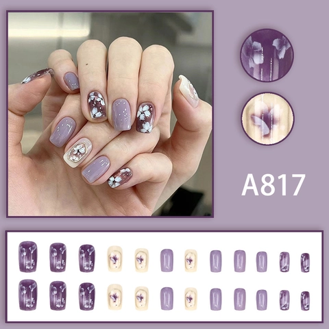 Taro Purple Floral Press On Nails Square Artificial Nail Tips For Women Elegant Sweet Romantic Lavender Cream White