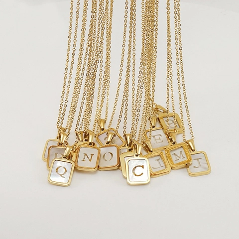 Stainless Steel Initial Necklace With Square Mother Of Artificial Pearl Shell Pendant 18K Gold Plated Capital Letter Jewelry For Women