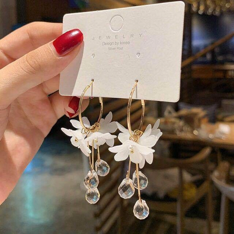 Orecchini A Cerchio Fiore Lega Petali Bianchi Pendenti Cristallo Goccia Poste In Argento Gioielli Donna Eleganti