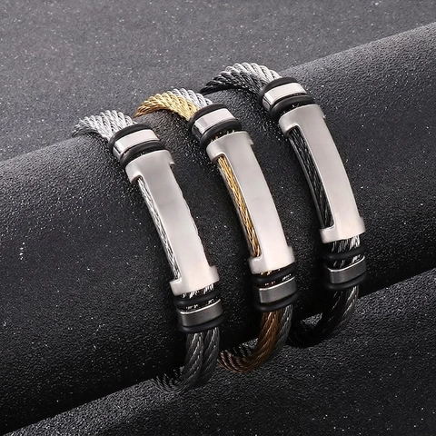 Brazalete Trenzado De Cable De Acero Inoxidable Con Placa De Metal Mate Pulsera Retorcida Industrial Para Hombre Y Mujer