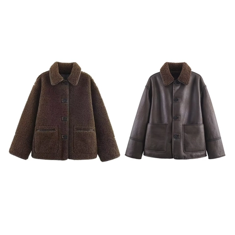 Veste D'Hiver Réversible En Peau Lainée Synthétique Et Similicuir Col À Revers Boutonné Manteau Chaud Mode Pour Femme