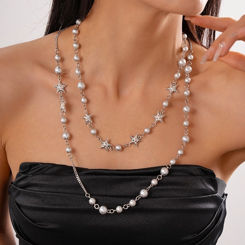 Collana Lunga A Strati In Lega Con Ciondolo A Stella E Künstliche Perle Di Imitazione Grigie Gioielli Di Moda Per Donna