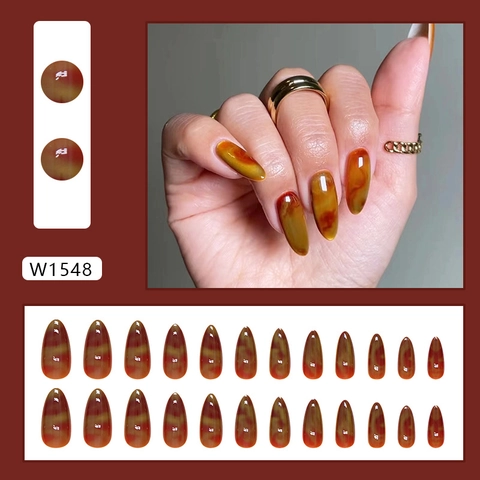 Almond Shape Press On Nails Amber Tortoiseshell Smudge High Gloss Long Removable Artificial False Nails For Women