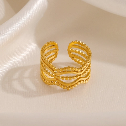 Anillo Abierto Ajustable De Acero Inoxidable Multicapa Ola Línea Geométrica Cuentas Joyería De Moda Para Mujeres Elegante