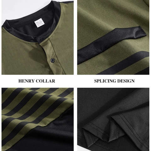 T-shirt Henley Homme Manches Longues Color Block Rayé Tricot Respirant Décontracté Slim Fit