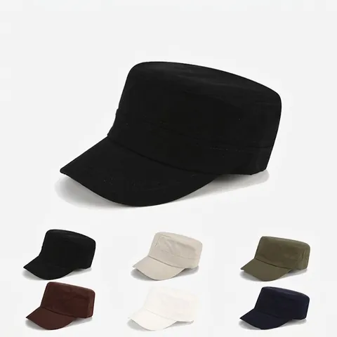 Cadet Cap Cotton Canvas Flat Top Military Hat Adjustable Solid Color Breathable Outdoor Sun Protection Unisex