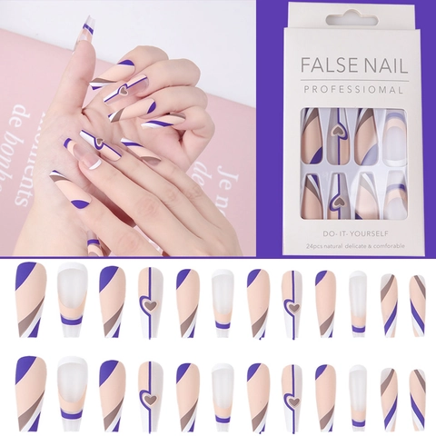 Lange Coffin Kunstnagels Paars Roze Mat Geometrisch Hart Ontwerp Kunstnagels Volledige Dekking Manicure Voor Vrouwen