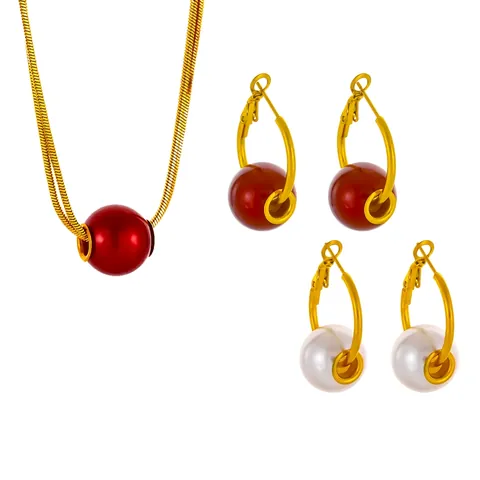 Angola Red Artificial Pearl Necklace And Earrings Stainless Steel Gold Snake Bone Chain Elegant Jewelry For Women