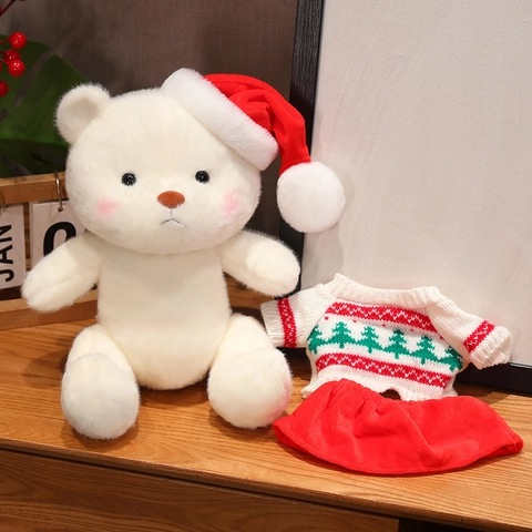 Christmas Teddy Bear Plush Toy White Soft Mink Velvet Movable Joints Removable Holiday Clothes Sweater Cape Scarf Xmas Gift
