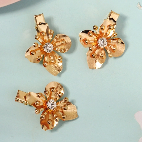 Pinces À Cheveux Fleur Or Métal Strass Épingles À Cheveux Bec De Canard Pour Filles Femmes Décoration De Cheveux Style Mignon