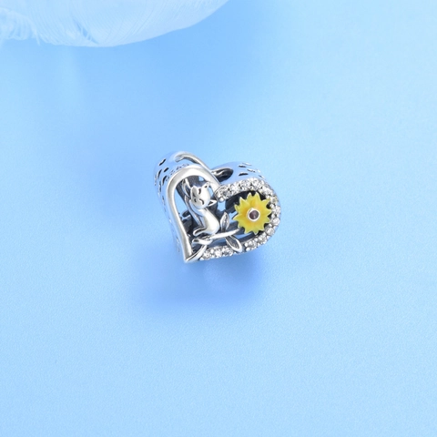 925 Sterling Silver Heart Charm Cat And Sunflower Bead With Cubic Zirconia For DIY Bracelet Jewelry Making