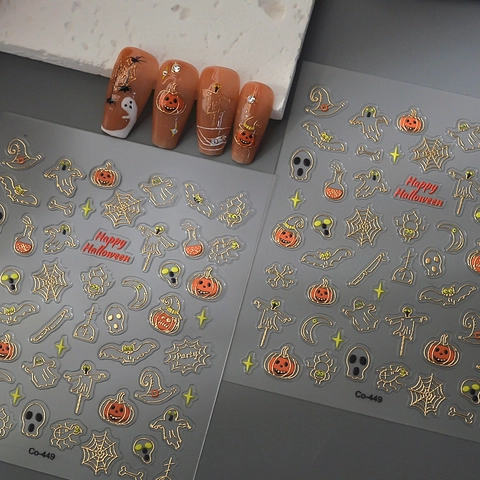 Halloween Nagelkunst Aufkleber 5D Relief Geprägt Spinnennetz Geist Kürbis Fledermaus Goldfolie Wasserdichte Maniküre Aufkleber