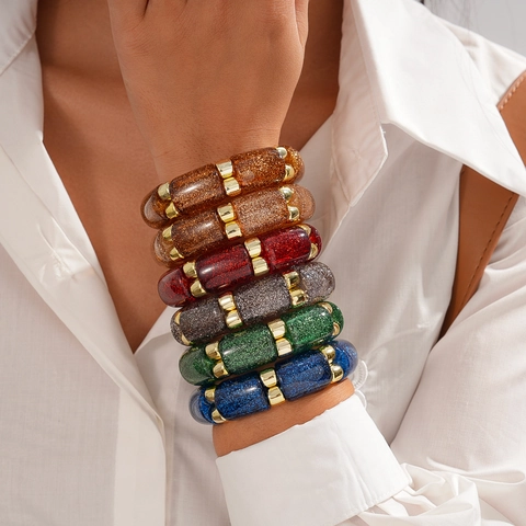 Retro Böhmisches Geometrisches Acryl Armband Mit Glitzer Harz Zylinder Perlen Und Goldenen Legierung Spacern Für Damen