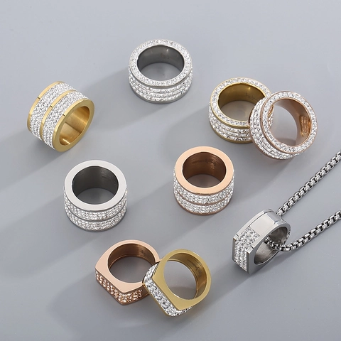Zylindrischer Ring Anhänger Halskette Edelstahl Mit Glänzenden Strasssteinen Hip Hop Street Style Schmuck Für Damen Herren