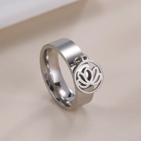 Stainless Steel Lotus Flower Pendant Ring For Men Women Hollow Geometric Round Charm Hip Hop Jewelry Everyday Accessories