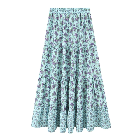 Bohemian Floral Print Tiered Maxi Skirt Elastic High Waist A-Line Casual Long Cake Skirts For Women