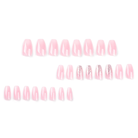 Uñas Postizas A Presión Degradado Rosa Blanco Brillo Plateado Forma Ballerina Ataúd Brillante Estilo Francés Para Mujeres