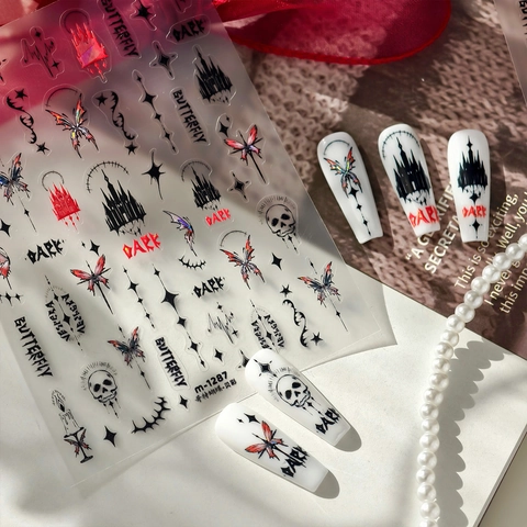 Gothic Nail Art Stickers Dark Butterfly Castle Skull Patterns Iridescent Laser Self Adhesive Ultra Thin DIY Decals Decoration