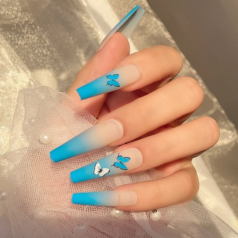 Uñas Postizas Press On Largas Coffin Mate Degradado Azul Patrón Mariposa Uñas Artificiales Forma Bailarina Para Mujeres