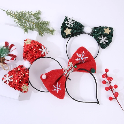 Diadema Con Lazo De Lentejuelas Navideñas Merry Christmas Fieltro Copo De Nieve Estrella Pelo Fiesta Decoración