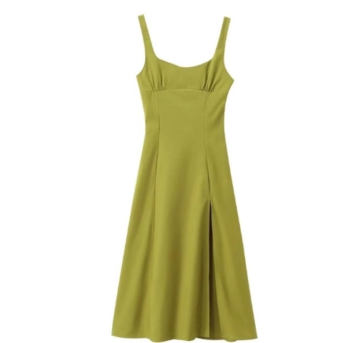 Women Spaghetti Strap Midi Dress Ruched Bust Side Slit Elegant Solid Color Polyester Sexy Summer Evening