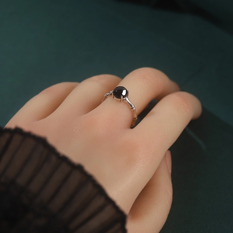 Vintage 925 Sterlingsilber Bambus Offener Ring Damen Schwarzer Achat Retro Distressed Verstellbarer Fingerring Schmuck