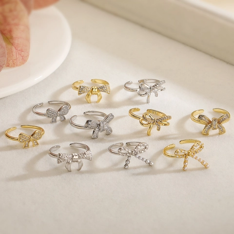 Bow Open Ring Women Copper Micro Inlaid Zircon Rhinestone Adjustable Fashionable Minimalist Elegant Jewelry