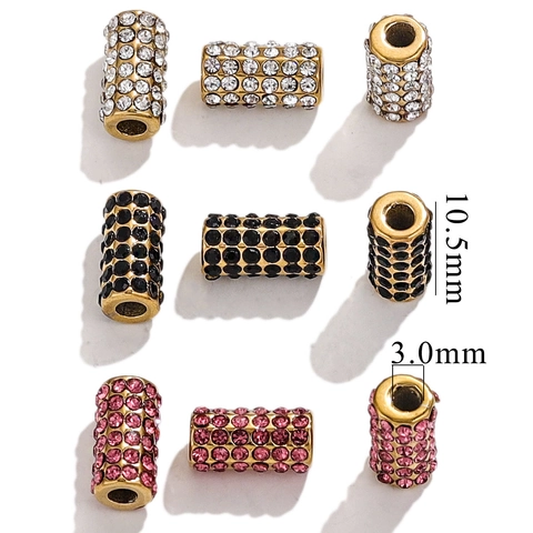 Full Rhinestone Spacer Beads 18K Gold Plated Stainless Steel Large Hole Cylindrical Beads For DIY Jewelry Making