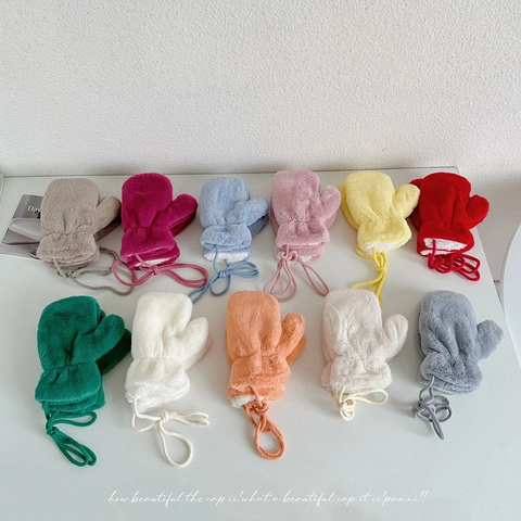 Mitones De Peluche Cálidos De Invierno Para Niños Con Cordón Para El Cuello Piel Sintética Guantes Térmicos Niños Niñas