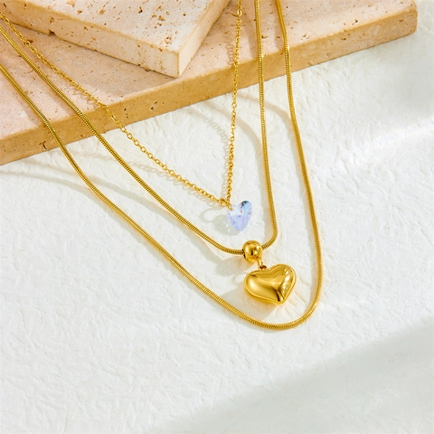 Collier Multi Rangs Pendentif Coeur Acier Inoxydable Plaqué Or Chaîne Serpent Cristal Bleu Pour Femme