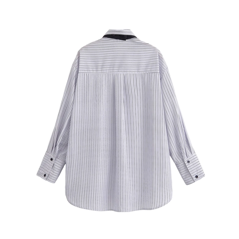 Damen Gestreiftes Langarmhemd Mit Krawatte Polyester Button Down Revers Bluse Preppy Style Büro Freizeit