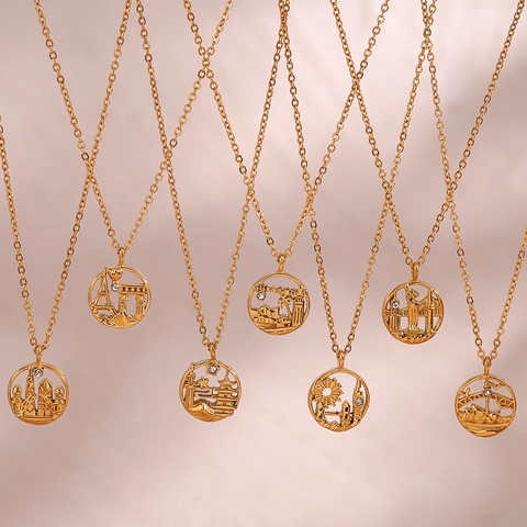 Collier Pendentif Rond Creux Repère de Ville du Monde Acier Inoxydable Strass Bijoux pour Femmes Cadeau de Voyage Style Mode Or