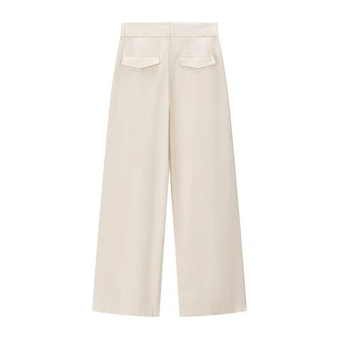 Damen Hose Mit Hoher Taille Und Weitem Bein Elegante Lange Hose Polyester Falten Design Büro Stil Cremeweiß