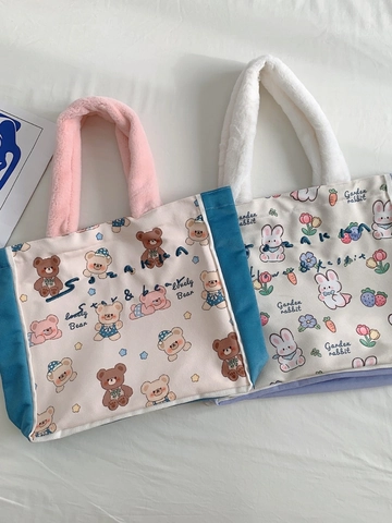 Borsa Tote In Tela Con Manici In Peluche Grande Capacità Stampa Cartoni Animati Borsa A Spalla Per Scuola Donne