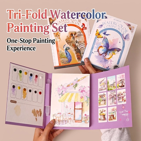 Portable Watercolor Painting Book With Solid Paint Water Brush Pen DIY Drawing Coloring Art Supplies For Kids Adults
