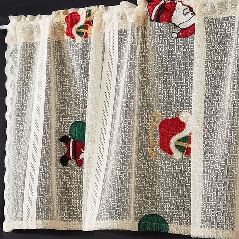 Christmas Santa Bell Embroidery Lace Coffee Curtain Polyester Mesh Semi Sheer Short Window Valance For Kitchen Cafe Decor