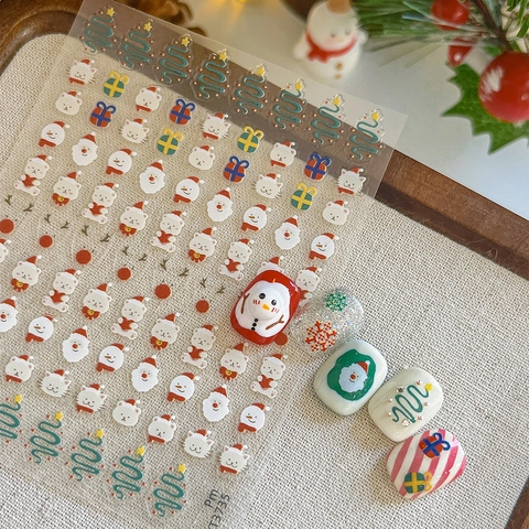 Christmas Nail Stickers Relief Embossed Santa Claus Snowman Snowflake Cartoon Patterns Holiday Art Decals For Women
