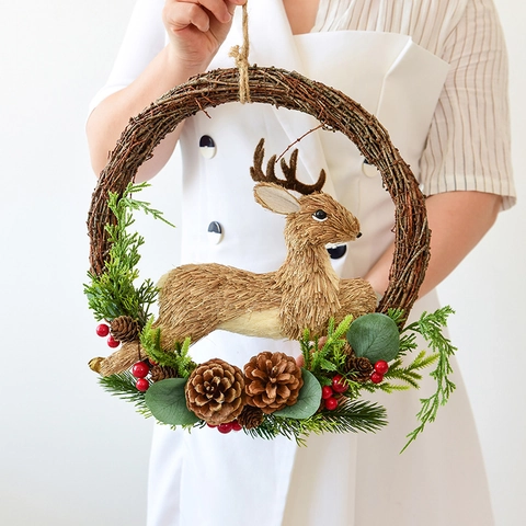 Christmas Reindeer Rattan Wreath With Pine Cones And Berries Handmade Rustic Hanging Ornament Holiday Home Wall Door Decor