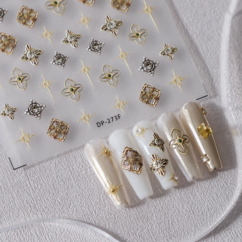 Autocollants Nail Art Relief 3D Gauffré Style Métal Rétro Fleurs Étoiles Croix Auto Adhésif Manucure DIY Décoration