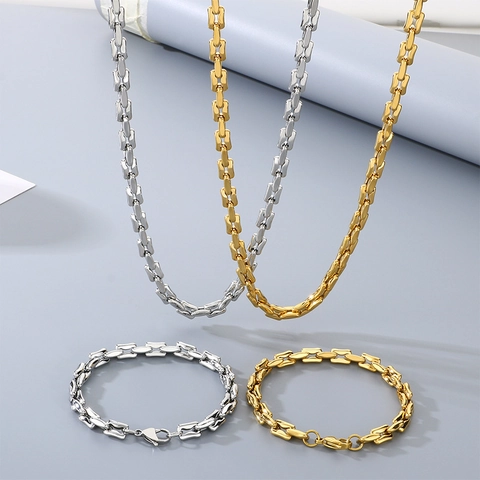 Stainless Steel Necklace And Bracelet Hip Hop Square Hollow Link Chain Jewelry For Men Women Gold Silver Color