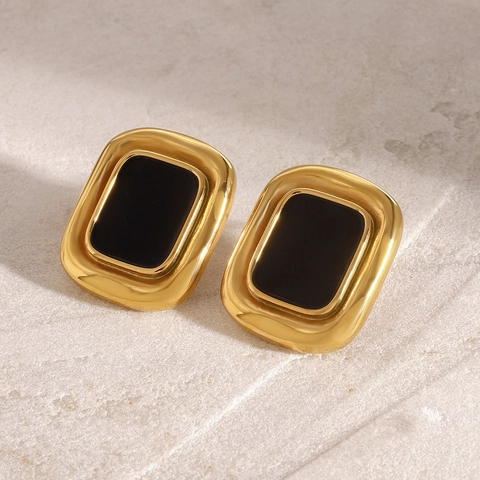 Square Stud Earrings Stainless Steel Black Resin Retro French Style Waterproof Hypoallergenic For Women Geometric
