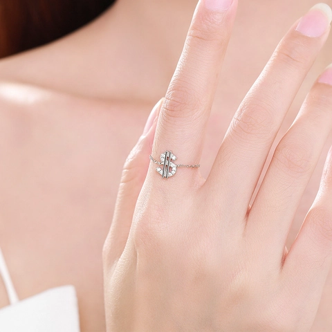 Dollarzeichen Verstellbarer Kettenring 925 Sterlingsilber Pave Klarer Zirkonia Minimalistischer Hip-Hop-Schmuck Für Damen