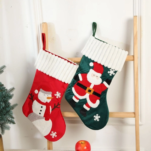 Christmas Stocking Velvet Embroidered Santa Snowman Holiday Hanging Decoration Gift Candy Bag Large Cartoon