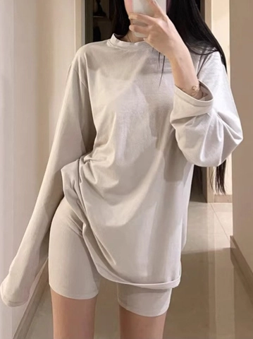 Women Loungewear Long Sleeve Top And Shorts Viscose Spandex Soft Casual Homewear Relaxed Fit Solid Color