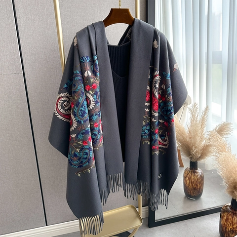 Scialle Sciarpa Ricamato Stile Etnico Simil Cashmere Paisley Floreale Spesso Caldo Frange Lunghe Per Donna Retro
